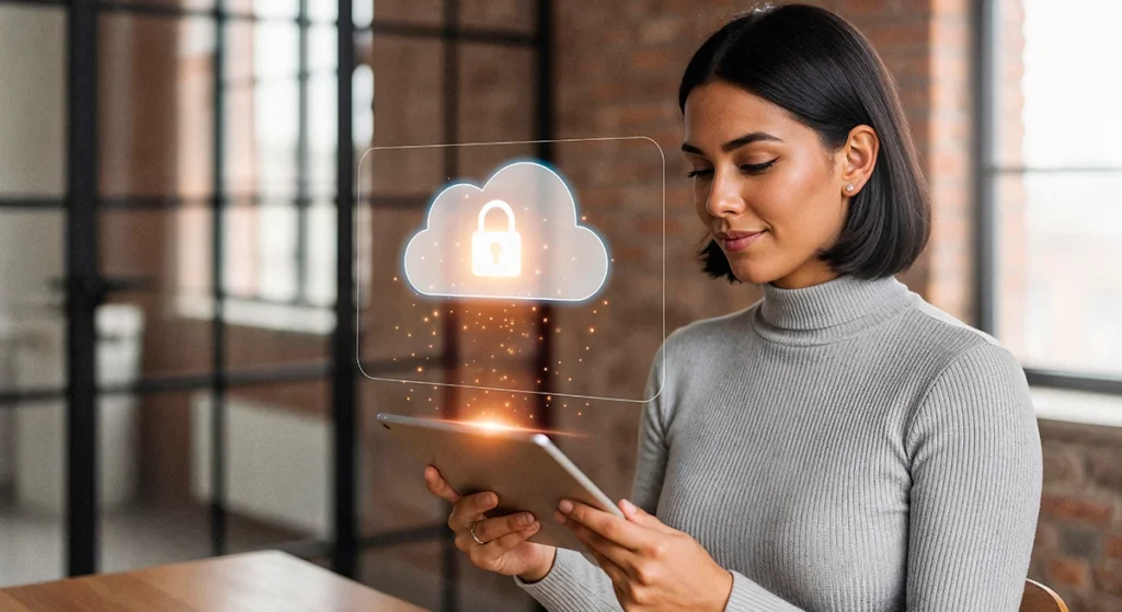 Ilustração conceitual de proteção de dados com um escudo digital sobre ícones de informações pessoais, simbolizando a adequação à LGPD em sistemas corporativos.