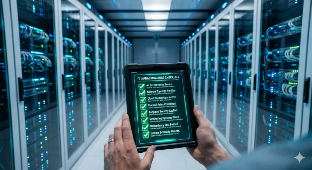 Mão segurando um tablet com um checklist digital em frente a um rack de servidores moderno e organizado.