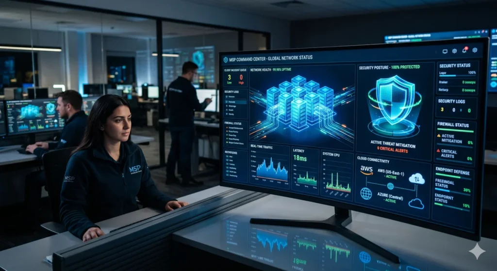 Painel de controle tecnológico mostrando o monitoramento de rede em tempo real, representando o modelo MSP de gestão de TI.