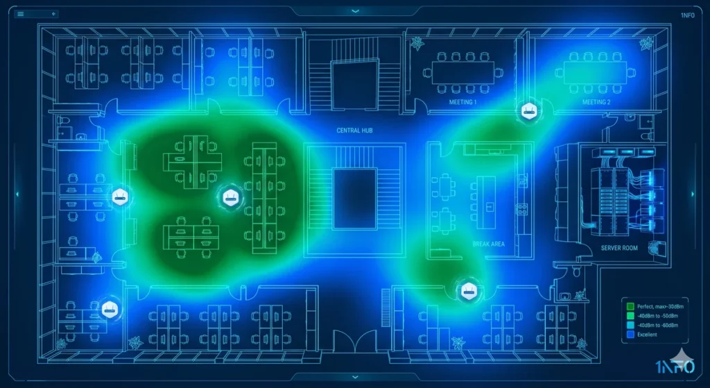 Visualização de um mapa de calor de sinal Wi-Fi sobre a planta de um escritório, demonstrando o planejamento estratégico de infraestrutura de TI.