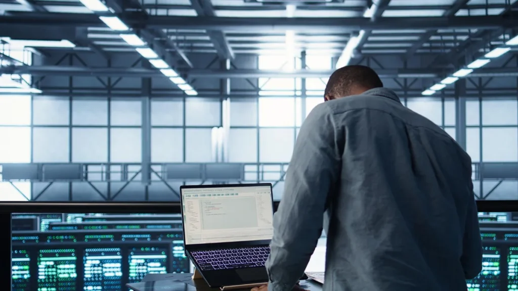 Profissional de TI monitorando a segurança de servidores em um datacenter de alta performance, representando a proteção aplicada nos cases da 1NF0.