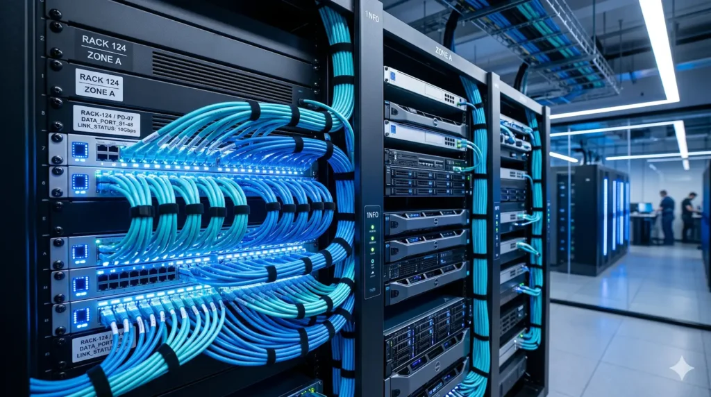 Técnico de TI organizando cabos de rede azul em um patch panel dentro de um rack de servidores, representando um projeto de cabeamento estruturado profissiona.