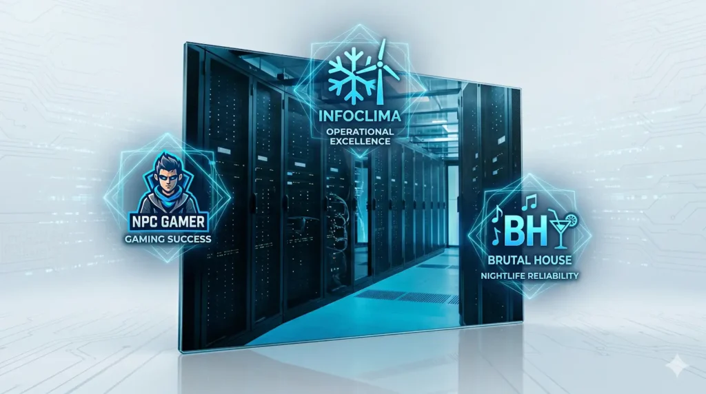 Banner horizontal exibindo uma montagem de ambientes tecnológicos modernos e logotipos de marcas atendidas pela 1NF0 Tecnologia.