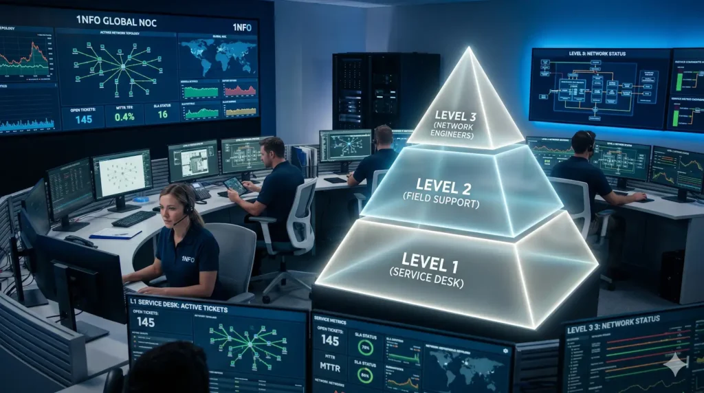 Infográfico técnico exibindo três níveis hierárquicos de atendimento de TI operando em um centro de suporte corporativo moderno.