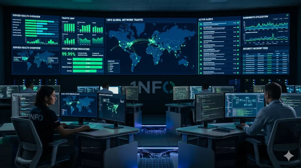Analistas em uma central de operações de rede (NOC) monitorando mapas de tráfego de dados e servidores em grandes telas de alta resolução.