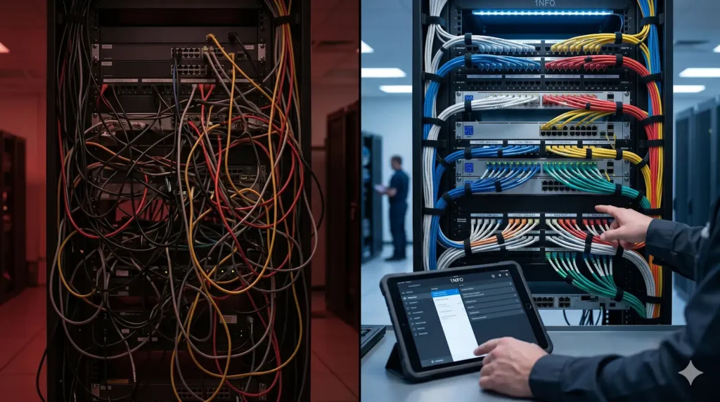Rack de servidores aberto com cabos coloridos perfeitamente organizados e etiquetados, demonstrando o padrão de organização da 1NF0 Tecnologia.