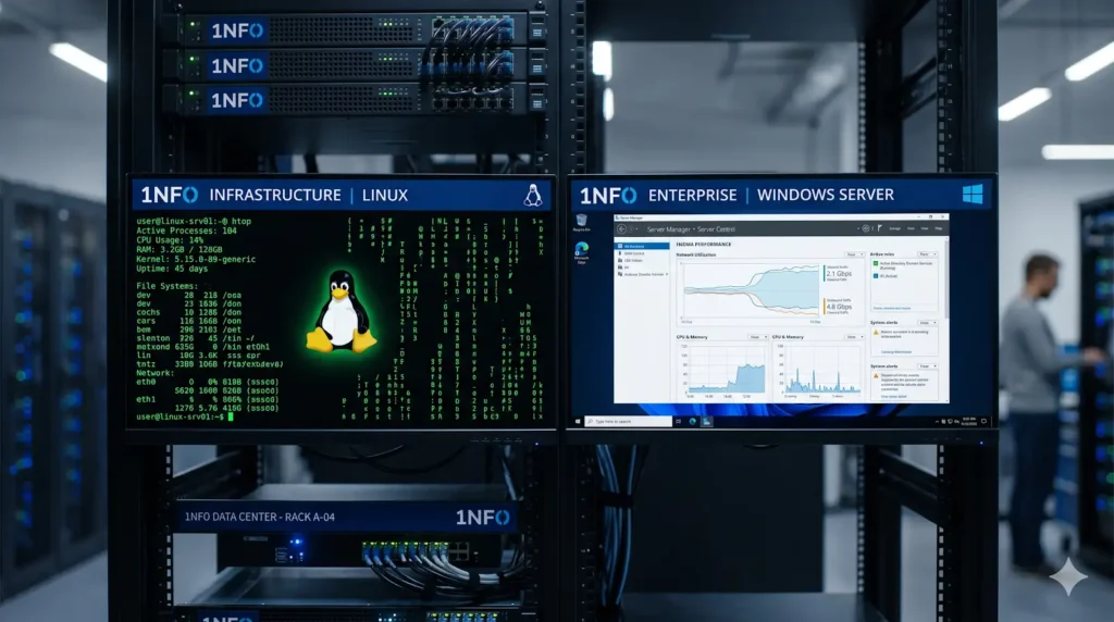 Interface dividida mostrando as linhas de comando do Linux de um lado e o painel administrativo do Windows Server do outro, dentro de um rack de TI profissional