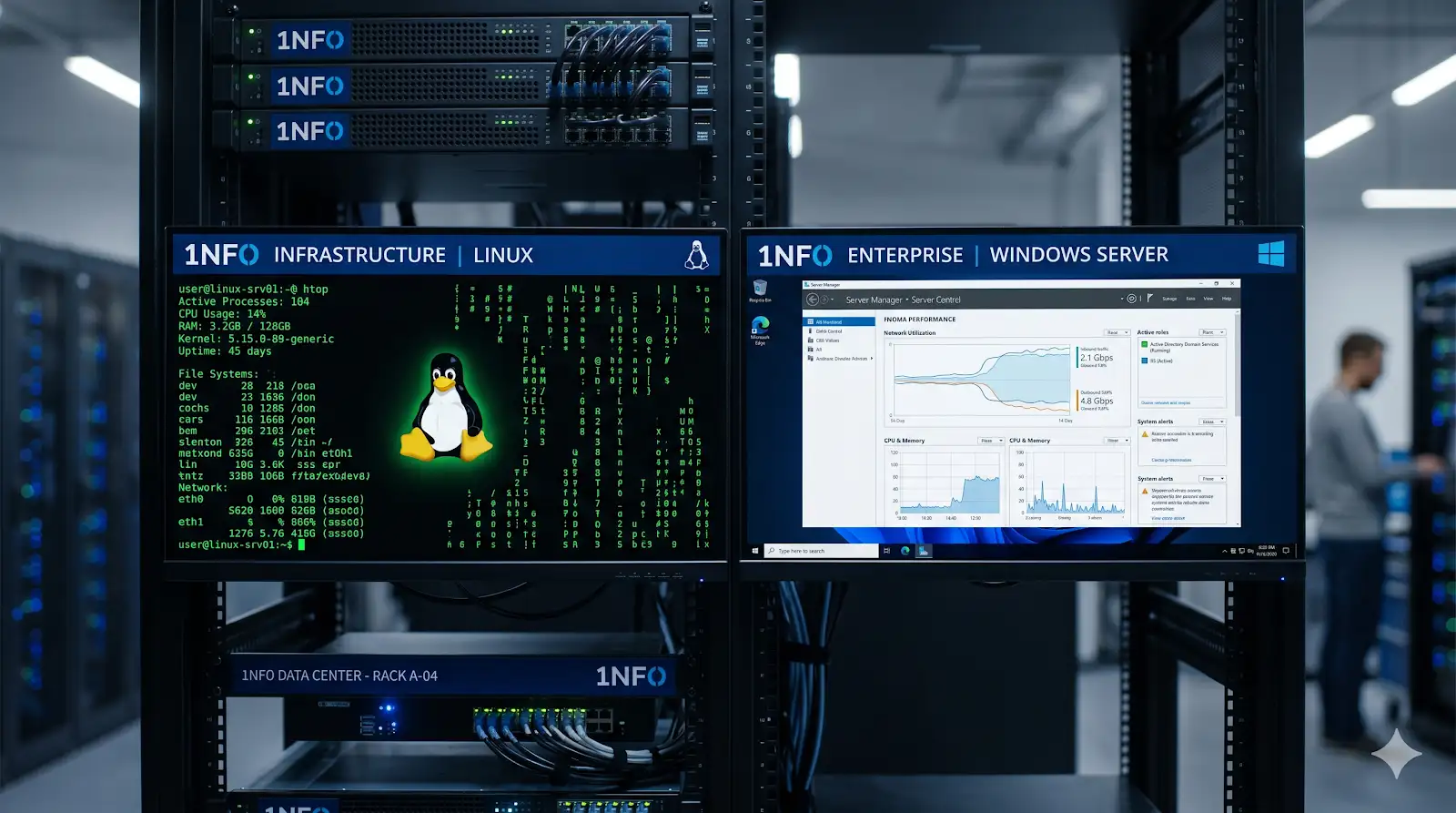Interface dividida mostrando as linhas de comando do Linux de um lado e o painel administrativo do Windows Server do outro, dentro de um rack de TI profissional