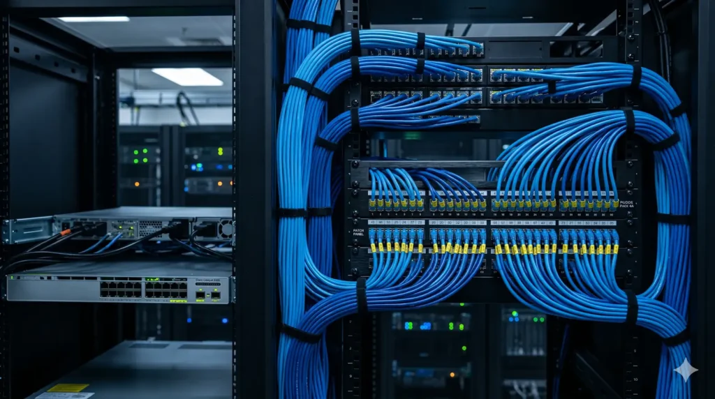 Cabos de rede azuis perfeitamente organizados e alinhados entrando em um painel de conexões dentro de um rack de TI profissional.