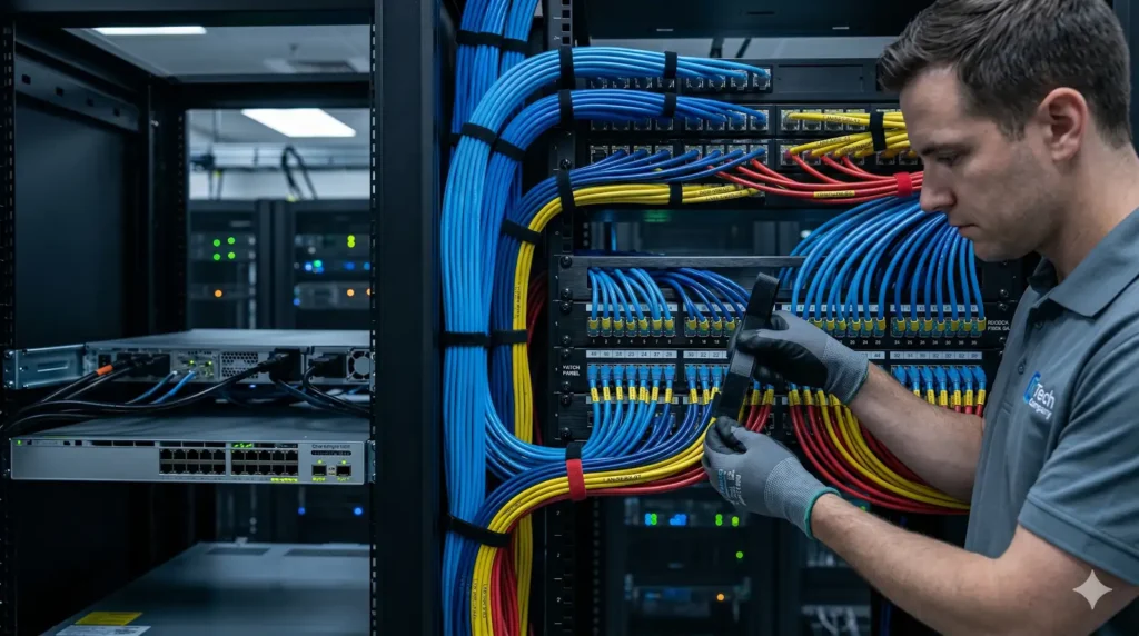 Técnico de TI alinhando cabos de rede coloridos e perfeitamente etiquetados dentro de um rack de servidores limpo e organizado.