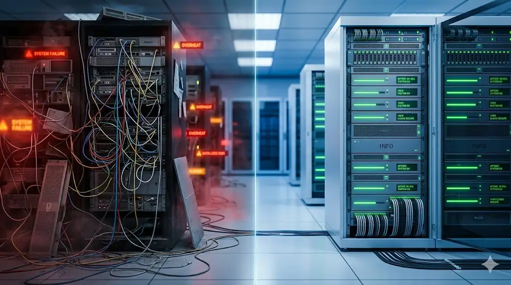 Interface dividida exibindo um ambiente de servidores caótico e desorganizado se transformando em uma infraestrutura limpa, monitorada e de alta performance.